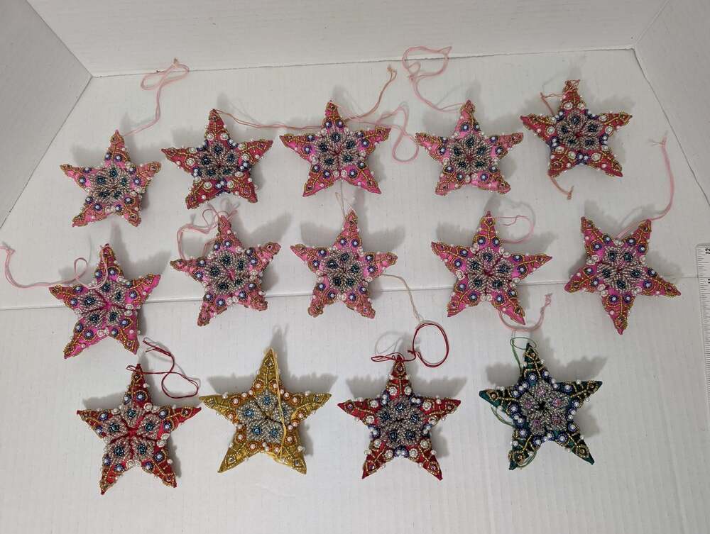 14 Vintage Christmas Ornaments: Stars with Seed Beads, Faux Pearls, and Sequins
